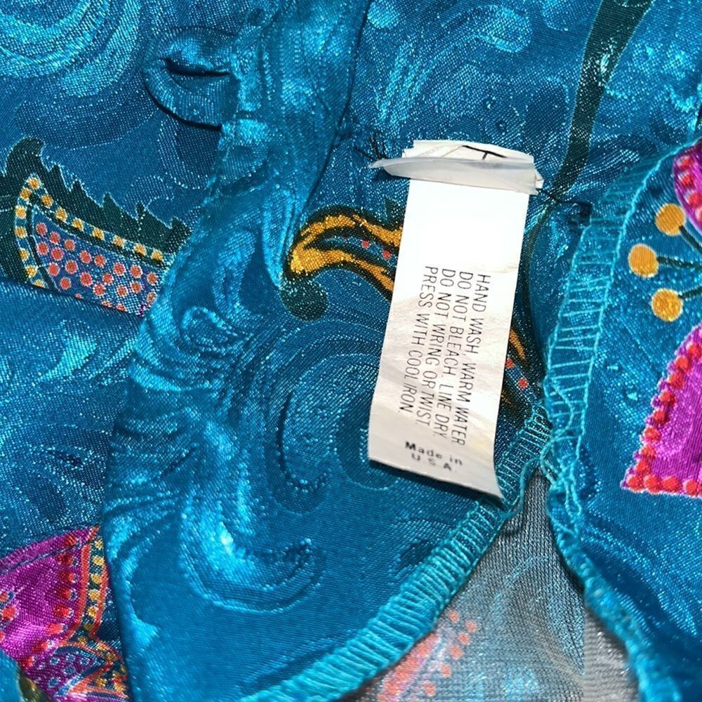 Vintage 70’s Lord&Taylor paisley print teal dress w/shoulder pads,elastic waist. - Picture 8 of 14
